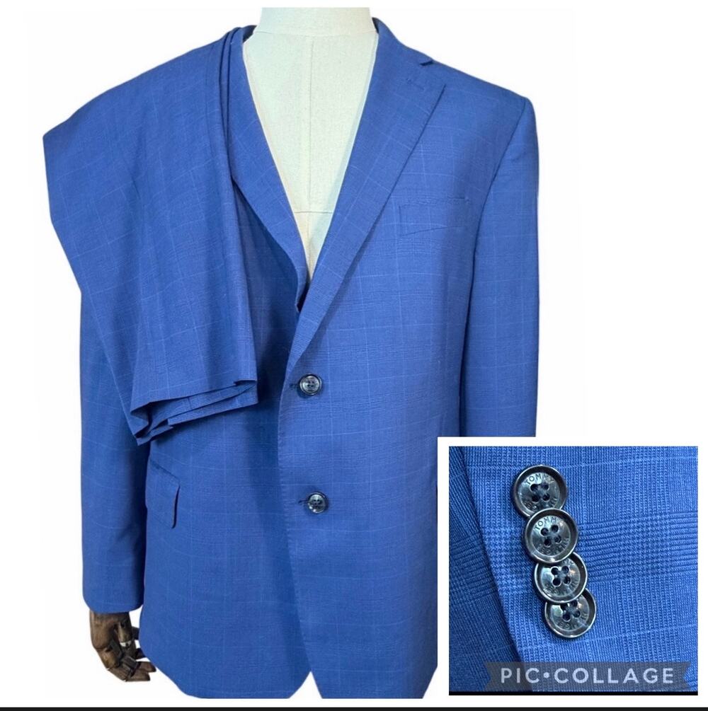 Tommy Hilfiger 2-Piece Suit Mens 48S Blue Windowpane Glen Plaid Wool Pants 40” W